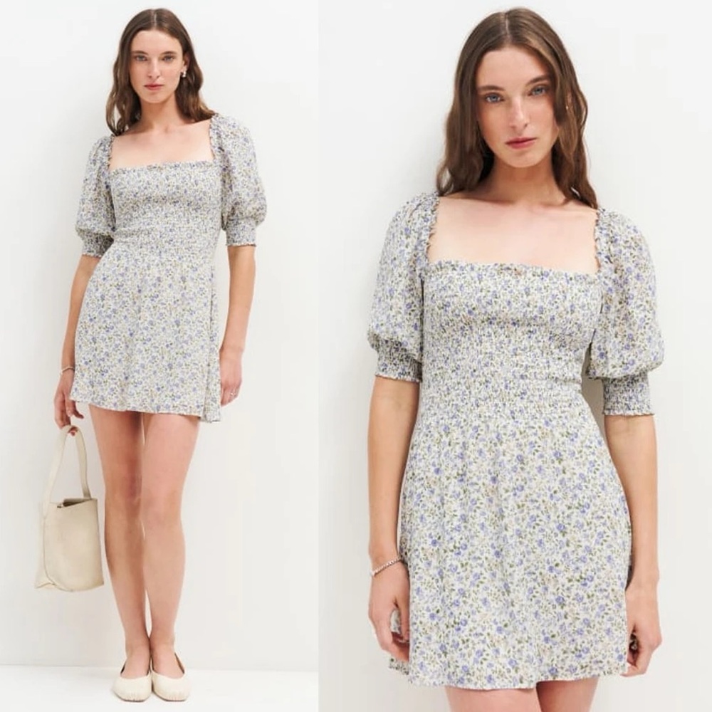 Reformation Elle Dress Pixie 8 White Purple Floral Mini Short Puff Sleeve Boho - Picture 3 of 16